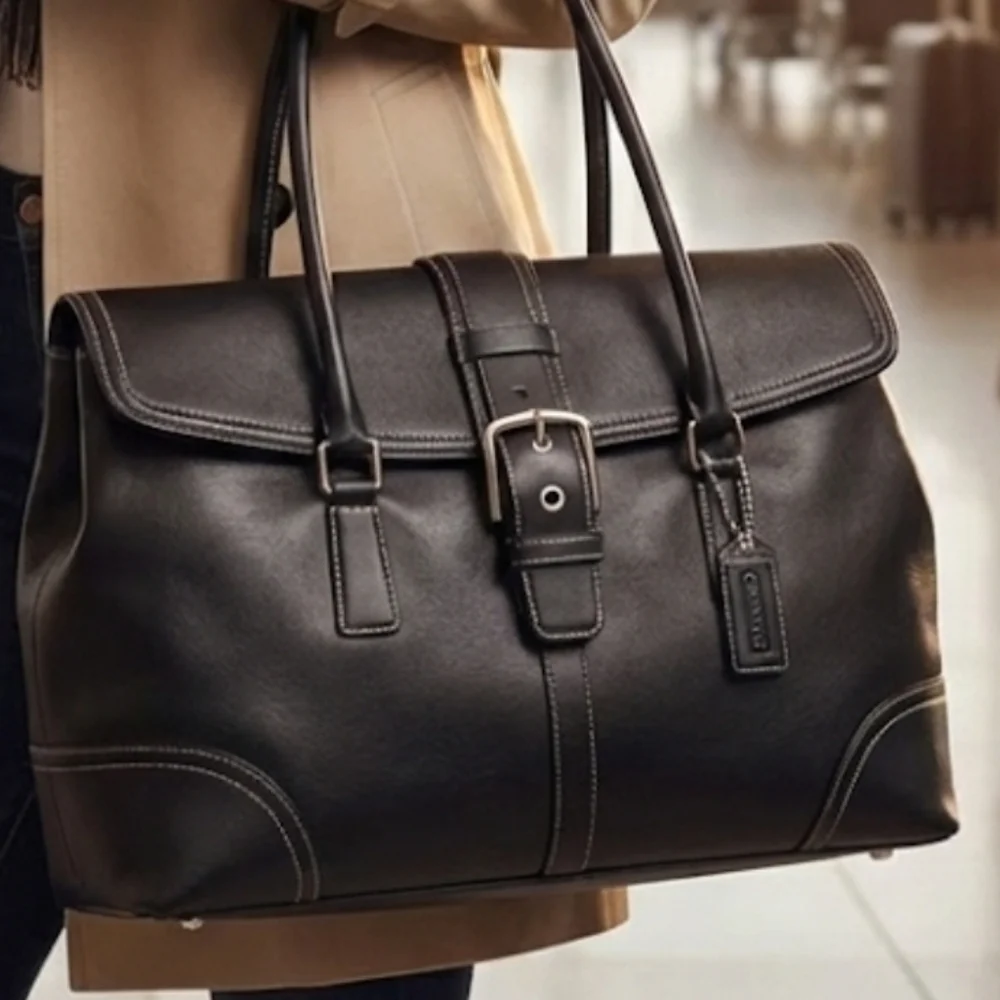 Coach Black Leather Travel Tote Bag with Buckle Strap